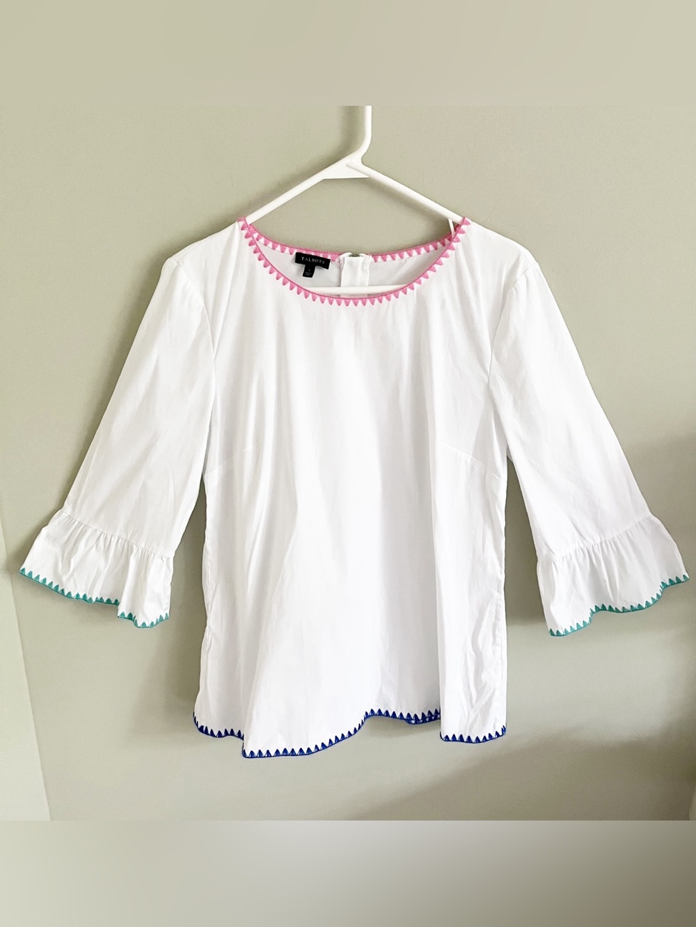 Talbots bell sleeve white ladder stitch blouse